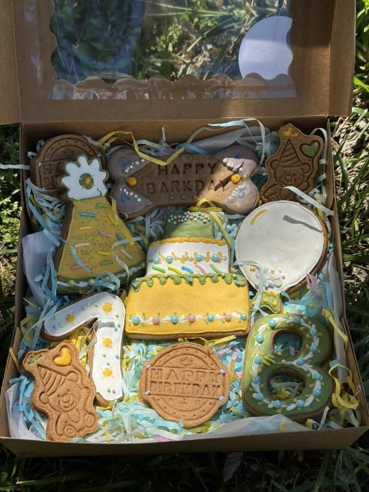 Custom dog birthday cookie box with decorated cake, balloon and number treats from Missy Liu’s Canine Kitchen in Farmington, Arkansas