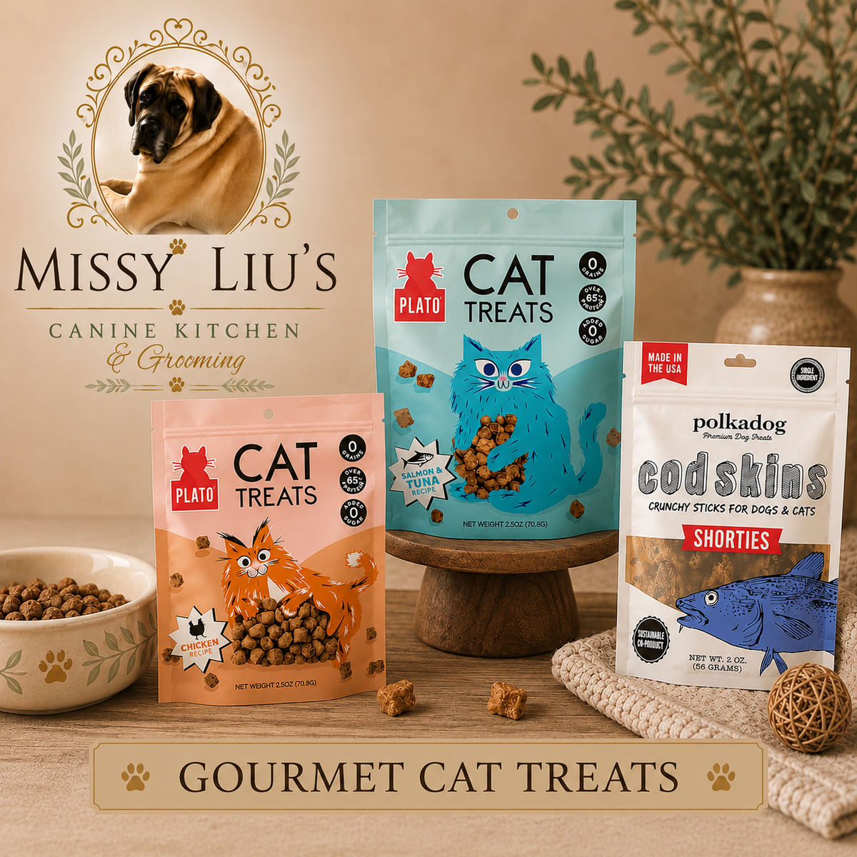 Missy Liu's Canine Kitchen & Grooming Gourmet Cat Treat Collection featuring premium cat treats, natural seafood treats, crunchy fish snacks, and healthy gourmet cat treats.