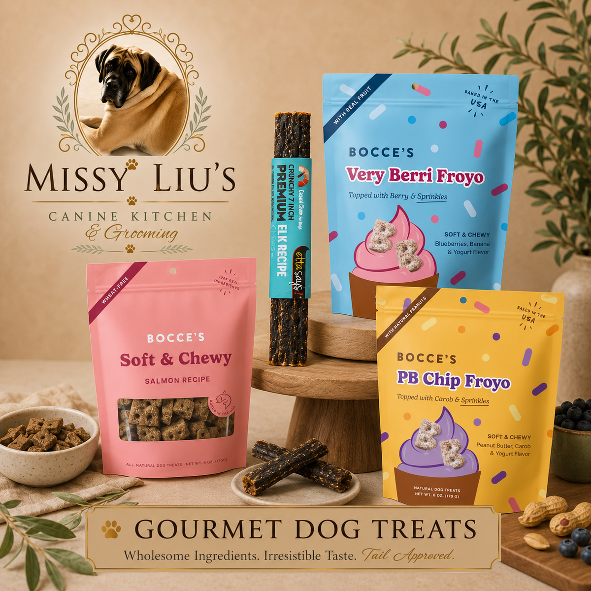 Missy Liu's Canine Kitchen & Grooming Gourmet Dog Treat Collection featuring premium dog treats, natural chews, soft treats, and wholesome gourmet snacks.