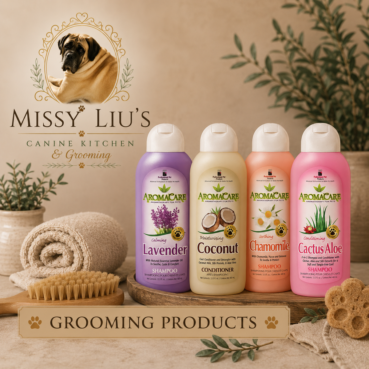 Missy Liu's Canine Kitchen & Grooming collection featuring premium pet shampoos, moisturizing conditioners, aromatherapy grooming products, and natural coat care for dogs.