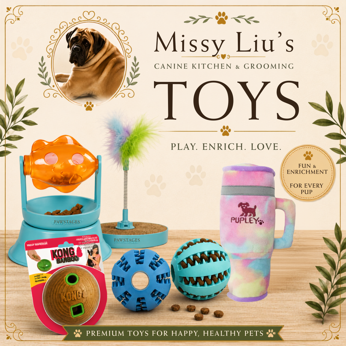 Missy Liu's premium pet toys collection featuring interactive treat-dispensing toys, enrichment balls, a plush tumbler toy, and puzzle toys for dogs and cats on a warm boutique display with the Missy Liu's Canine Kitchen & Grooming logo.