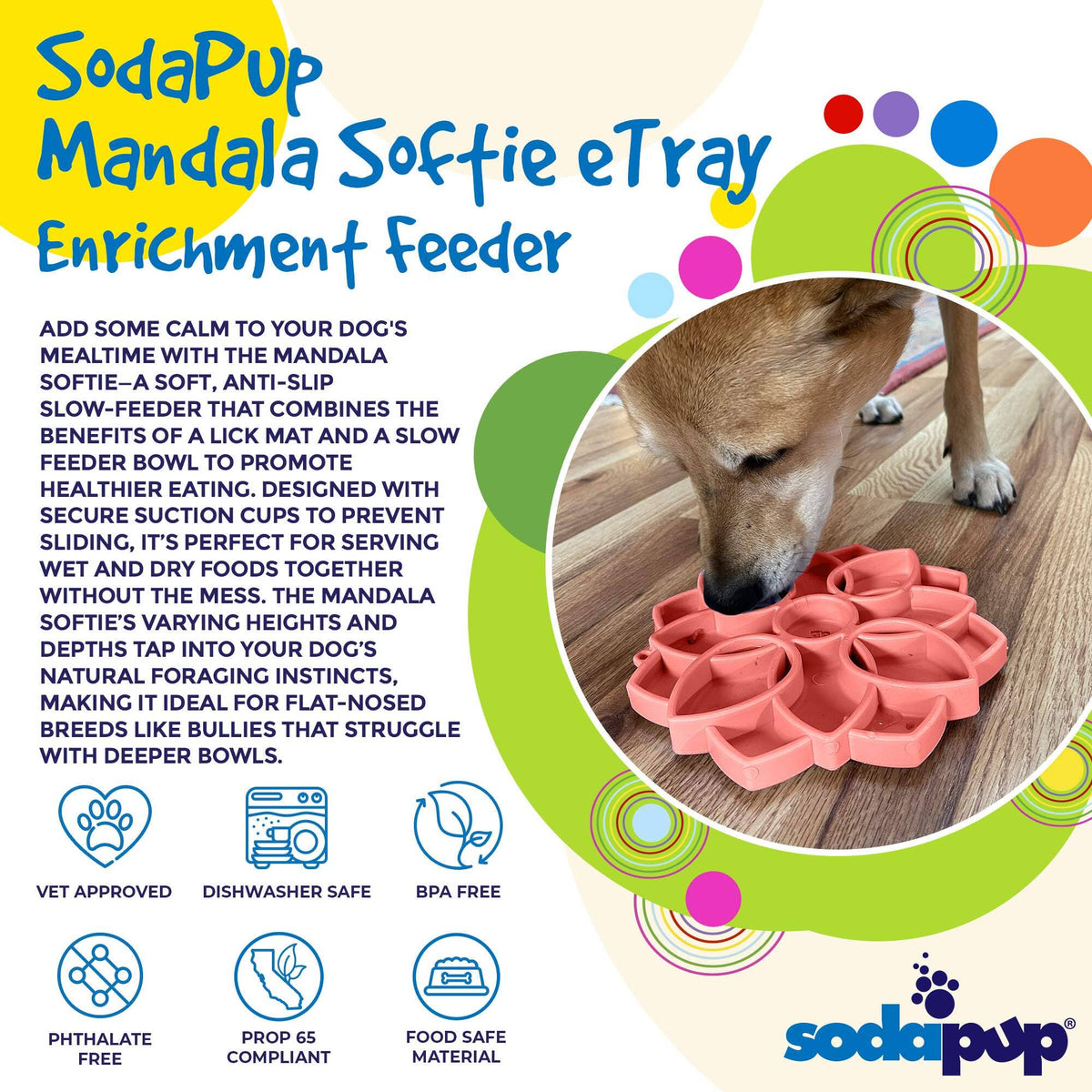 Mandala Softie eTray Shallow Slow Feeder Dog Bowl with Suction Cups |  USA Made: Light Pink