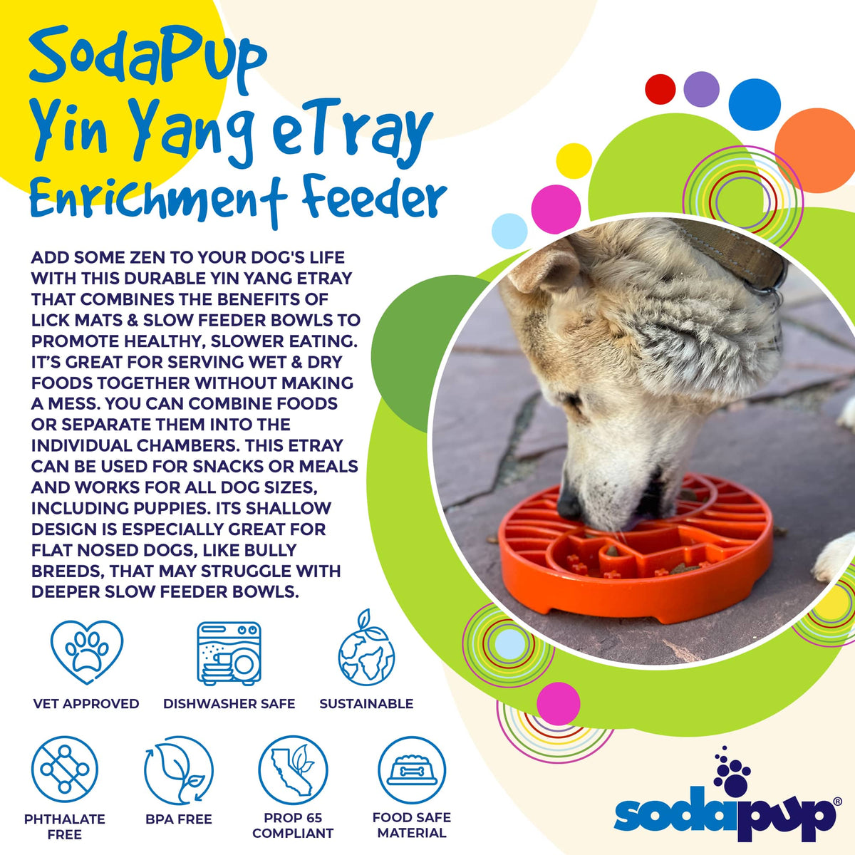 Sun and Moon eTray - Shallow Slow Feeder Dog Bowl for Enrichment | USA Made: Orange