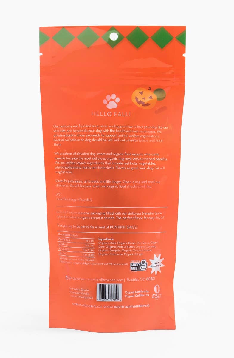 Lord Jameson Pumpkin Spice Organic Dog Treats POP Pouch 12pc