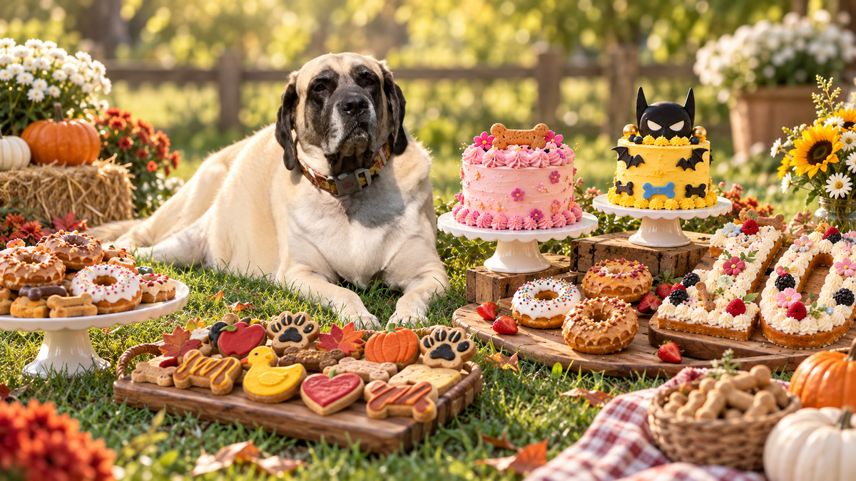 Large fawn mastiff surrounded by custom dog birthday cakes, decorated treats and gourmet dog bakery goodies at Missy Liu’s Canine Kitchen.