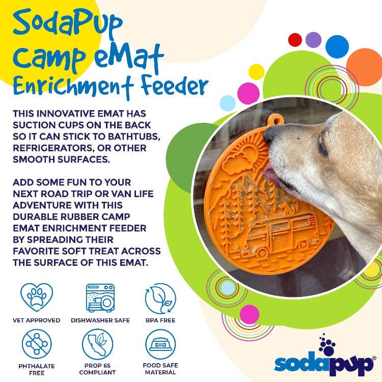 Camp eMat - Enrichment Lick Mat For Dogs and Cats - with Suction Cups | Retro Van Design | USA Made: Orange