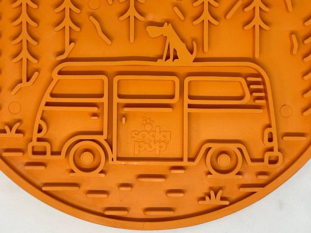 Camp eMat - Enrichment Lick Mat For Dogs and Cats - with Suction Cups | Retro Van Design | USA Made: Orange