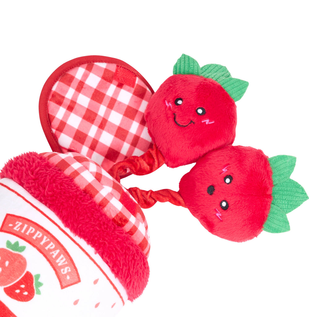 ZippyPaws Bungee Burrow Strawberry Jam Jar Plush Dog Toy