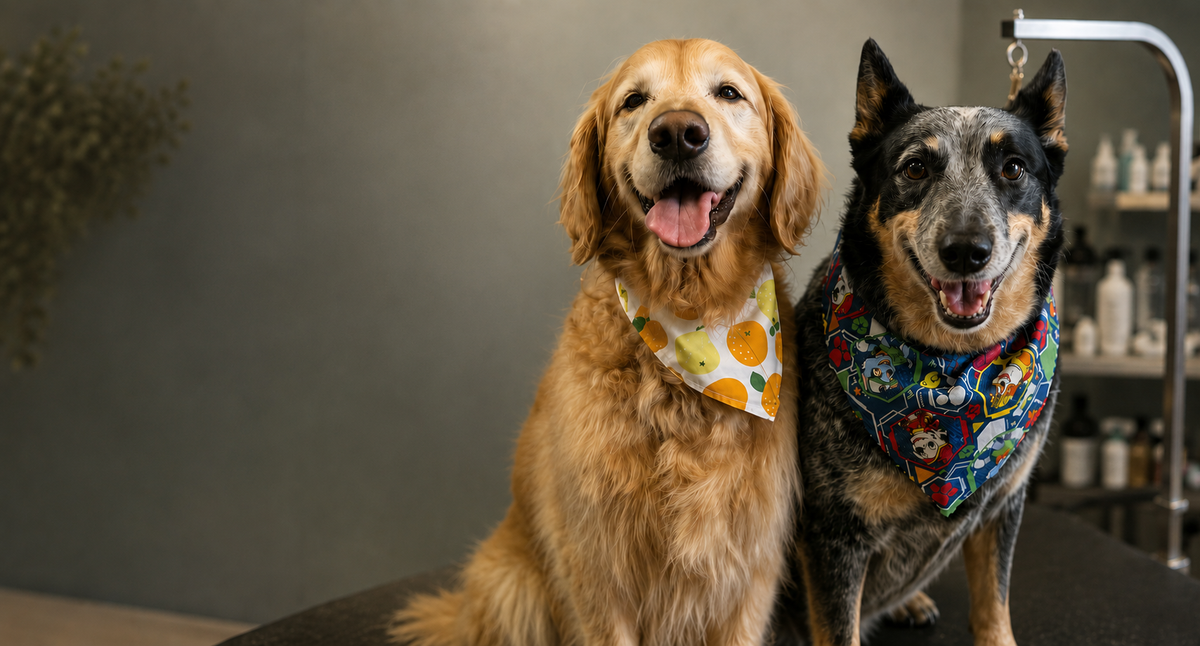 Golden retriever and Australian cattle dog wearing bandanas after grooming at Missy Liu’s in Farmington, Arkansas