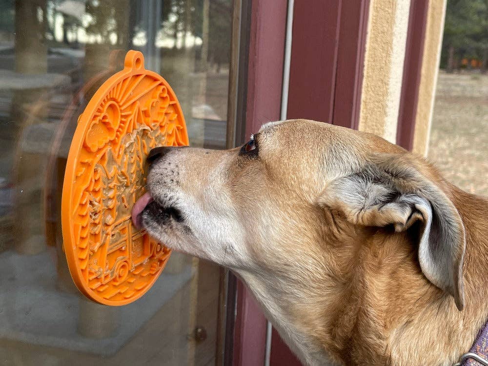 Camp eMat - Enrichment Lick Mat For Dogs and Cats - with Suction Cups | Retro Van Design | USA Made: Orange