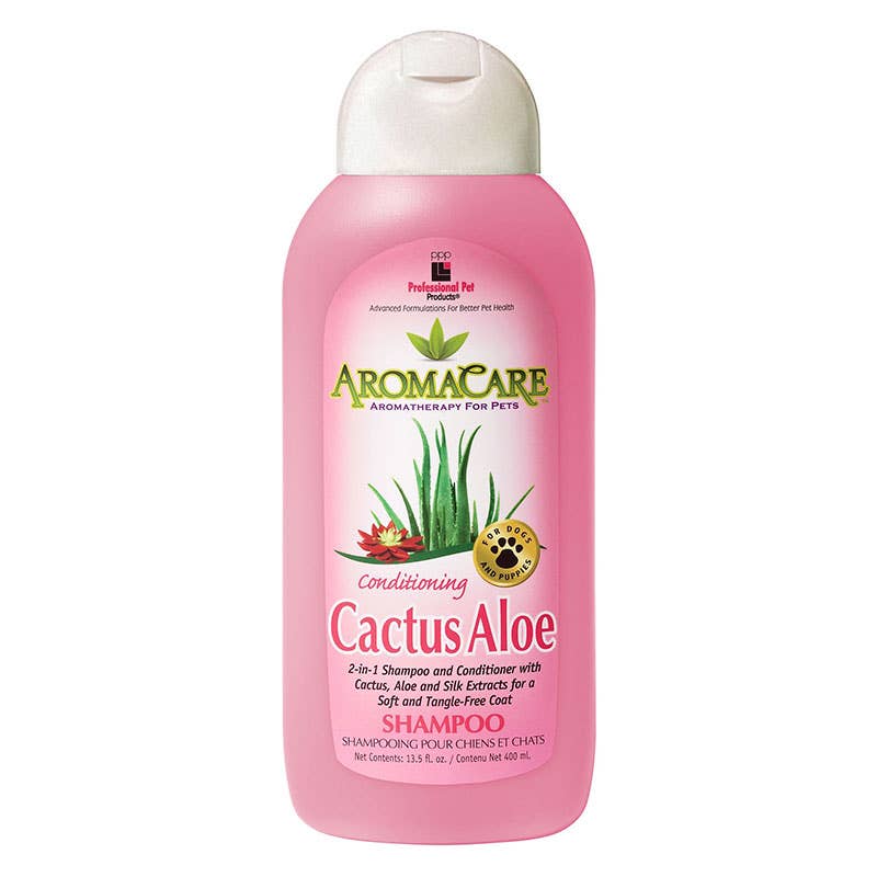 Professional Pet Products AromaCare Cactus Aloe 2-in-1 dog shampoo and conditioner formulated with cactus aloe and silk extract for a soft, healthy, tangle-free coat.