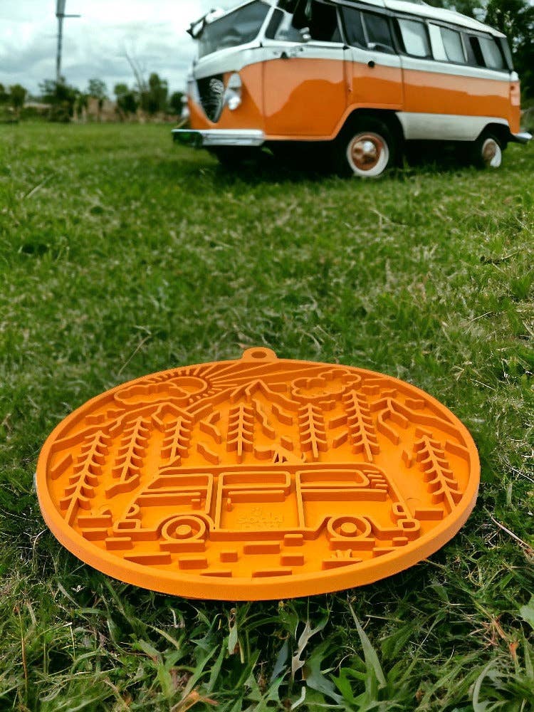 Camp eMat - Enrichment Lick Mat For Dogs and Cats - with Suction Cups | Retro Van Design | USA Made: Orange