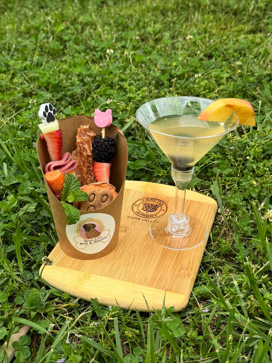 Gourmet dog treat charcuterie cup with fruit and a pup-friendly cocktail from Missy Liu’s Canine Kitchen in Farmington, Arkansas