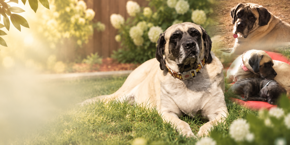 Missy Liu, the Mastiff who inspired Missy Liu’s, pictured with her puppies in a tribute to her story and legacy