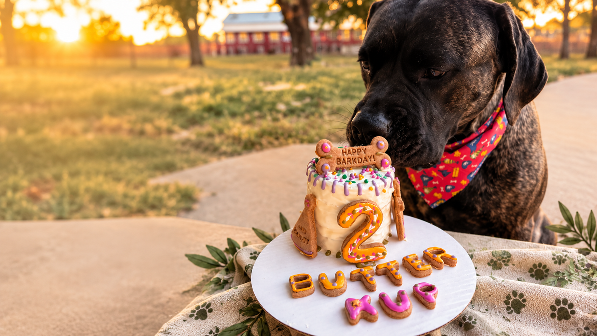 Dog celebrating with a custom birthday cake from Missy Liu’s Canine Kitchen in Farmington, Arkansas